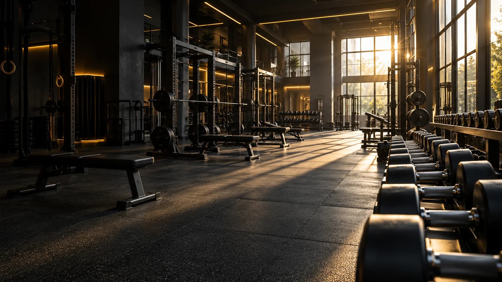 Illustrative modern gym with free weights and warm natural light